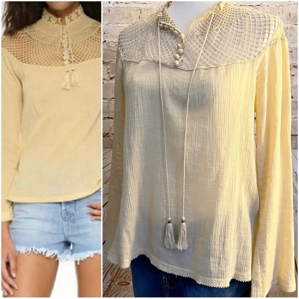 Free People on the island crochet tassel gauze blouse top